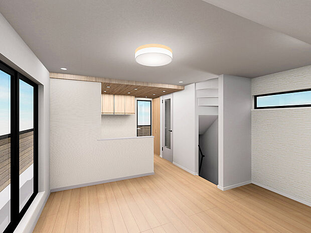 【イメージパース:LDK】
5.3帖の小屋裏収納完備の2LDKプラン。
2LDKという限られた居住空間でも、季節家電やスーツケース、アウトドア用品など出番が少ないものをまとめて収納できます。