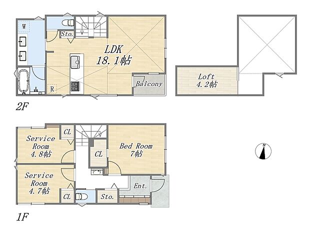 【1LDK+2S+Loft+カースペース】【2号棟】
Plan：1LDK+2S+Loft+カースペース
土地面積：89.60m2（27.10坪）
建物面積：87.62m2（26.51坪）