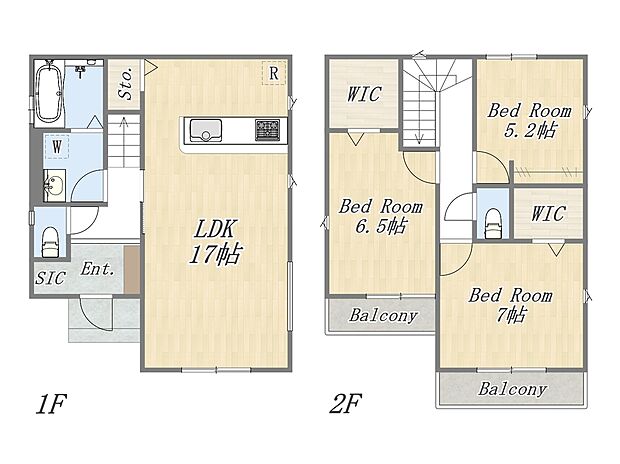 【【1号地　参考プラン】】Plan：3LDK+2WIC+SIC+カースペース2台可
断熱・省エネ性能に優れたZEH水準仕様、耐震等級3を取得前提とした高仕様の住まいを建築できます！
プラン・カラーセレクトのご相談可能！