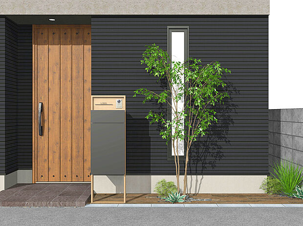 【【建物イメージパース：Entrance】】再配達の手間や心配がなくなる宅配ボックス付き。枕木が腐る心配やお手入れの手間がないコンクリート製枕木を採用。