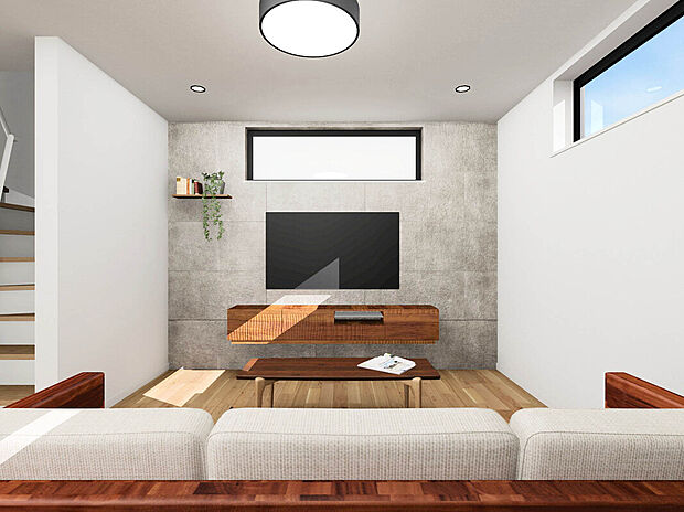 【【建物イメージパース：LDK】】2階に設置された床暖房搭載LDKは21.1帖と開放感・やすらぎを得られる広さ！