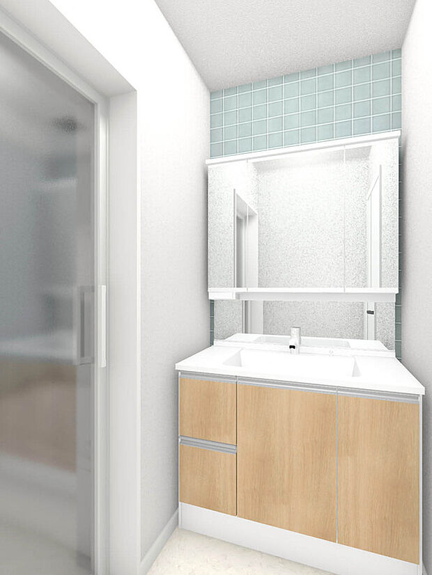 【【建物完成イメージパース：Wash Room】】機能美とデザイン性を両立させた3面鏡付の洗面化粧台。視覚的に広がり感を持たせるだけでなく、機能的にも優れています。