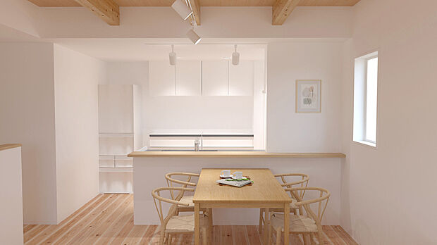 【【建物完成イメージパース LDK：3号棟】】常温保存が可能な食料品や調味料、食器、消耗品、日用品などをストックしておくことができるパントリー。キッチン周りが散らからず、使いやすい環境を保てます。