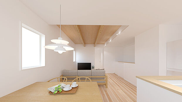 【【建物完成イメージパース LDK:2号棟】】キッチン・洗面ルーム・バスルームなどの水周りが同じ階にあるため、家事効率が良くなります!ふと思ったときすぐ家事を行えるので面倒な階段の往復がなくなるのもメリット