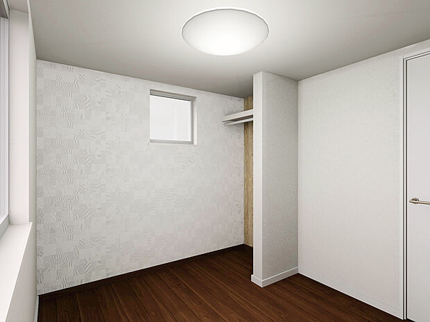 【【建物イメージパース:Room】】見せる収納が楽しめるオープンクローゼットを採用。衣類の出し入れがしやすく、毎日の身支度も快適。開放感のある居室設計で圧迫感を感じにくい空間となっております。