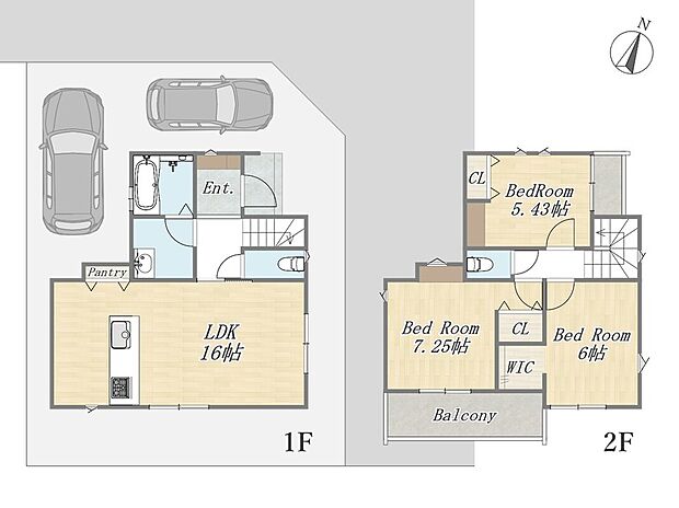 【【参考プラン：10号地】】Plan：3LDK+WIC+Pantry+カースペース2台
建物面積：82.8m2
建物価格：2000万円