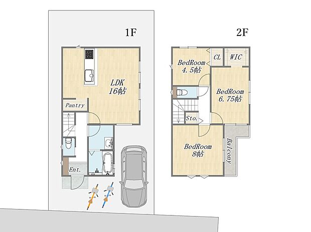 【【参考プラン:1号地】】Plan:3LDK+WIC+Pantry+カースペース
建物参考価格:2000万円
建物面積:86m2