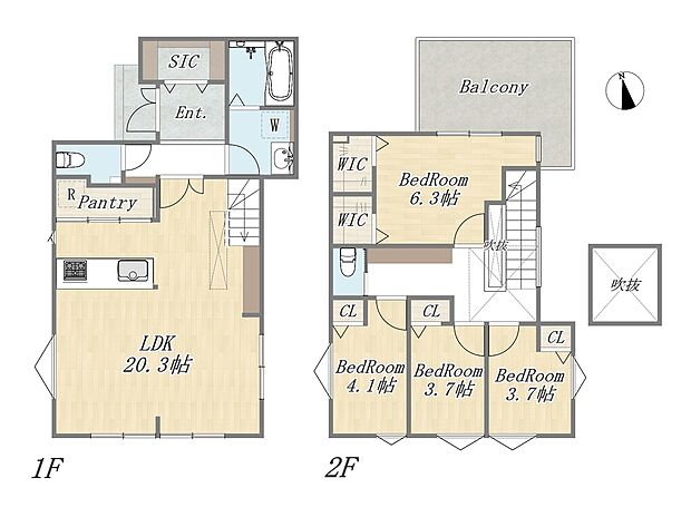 【【参考プラン:1号地】】Plan:4LDK+2WIC+SIC+Pantry+ワイドバルコニー+カースペース2台可
建物面積:99.85m2
建物参考価格:2700万円