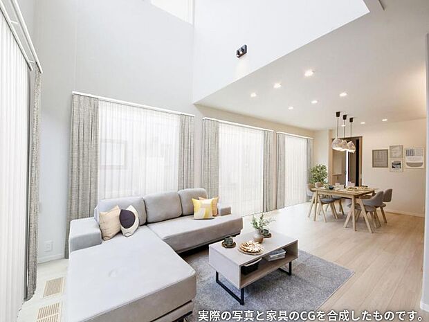 リビングダイニング【1号地】(2024年6月撮影)朝は太陽の光が差し込み、気持ちの良い空間になり夜は、アースカラーのライトが家族の食卓を飾ります。