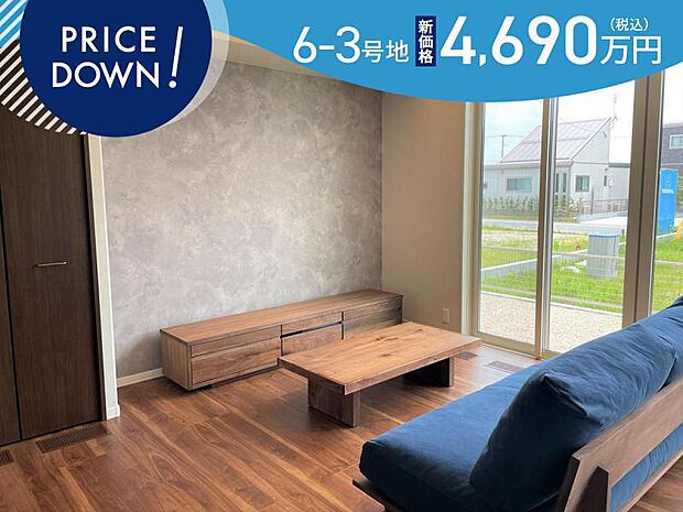 リビング【6-3号地】（2023年6月撮影）全面南面に接しており、明るい空間へ。