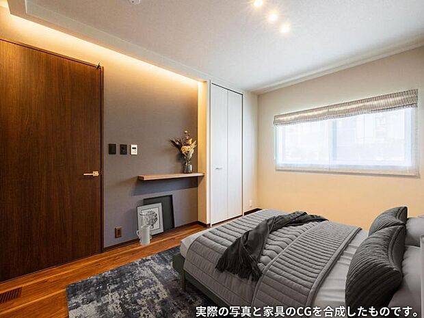 主寝室【3号地】(2024年9月撮影)ワークスペースにもなる化粧台コーナー付きのプライベート空間