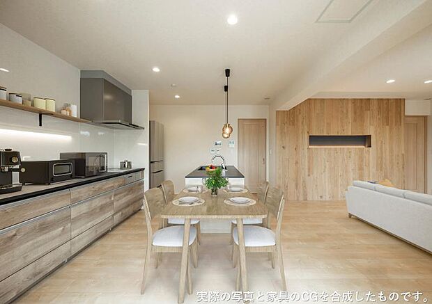 ダイニングキッチン【75号地】(2026年8月撮影)ボウウインドウからの自然光をたっぷり取り込む明るいダイニング。