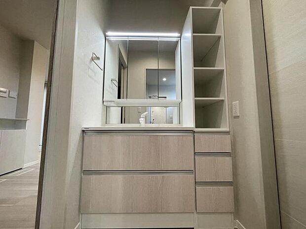 【洗面室【6号地】(2025年6月撮影)】脱衣室から独立し収納が充実した洗面台