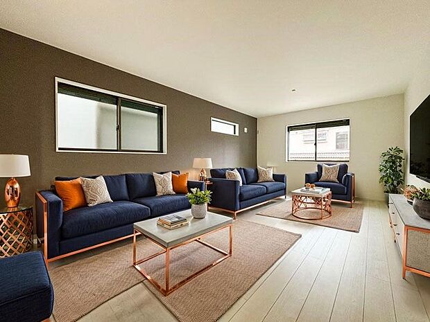 【CGにて家具配置】リビングで子供が走ってる姿を見ながら、大きなソファやダイニングテーブルでゆったり食事をしたりくつろぎたい。そんな夢が叶えられる空間です!