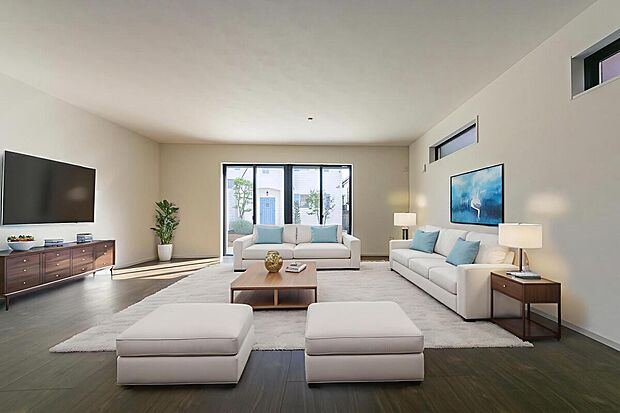 大きな窓から陽光がたっぷり注ぐリビング。家族の笑顔が集まる明るい空間です。※画像にある家具一式はCGイメージです。実際に付いておりません。