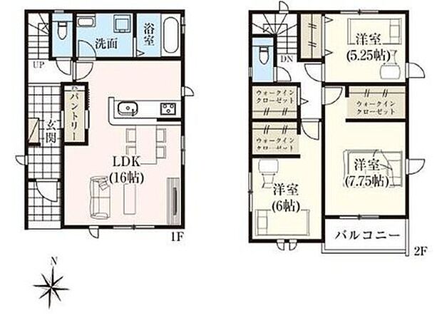 建物プラン例(1区画)3LDK、土地面積85.08m2、建物面積94.18m2