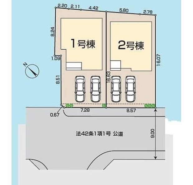 敷地４２坪超のゆとりのお住まい。カースペース並列２台分！前面道路は南西９ｍと開放感があり通風採光良好です♪