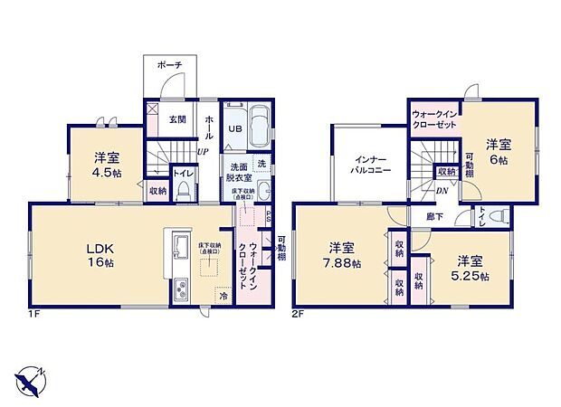 【間取り図】
(１号棟)　
4LDK、土地面積125.74m2、建物面積107.65m2