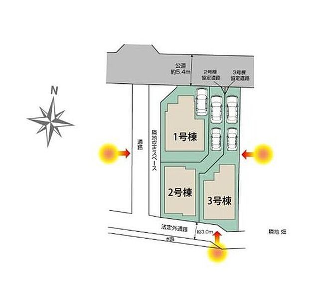 南側、西側通路につき陽当たり良好！カースペース１～２台分！周辺は第一種低層住居専用地域で落ち着いた住環境です。

