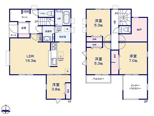 (１号棟)、4LDK+S、土地面積119.07m2、建物面積115.83m2