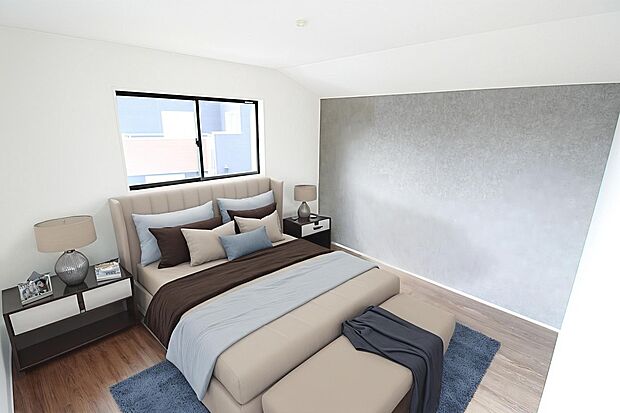 【洋室】アクセントクロスを採用したスタイリッシュな印象の居室。大きな窓から光をたっぷりと取り込んで明るい雰囲気です。※家具をCGで加工しています。家具付き販売ではございません。