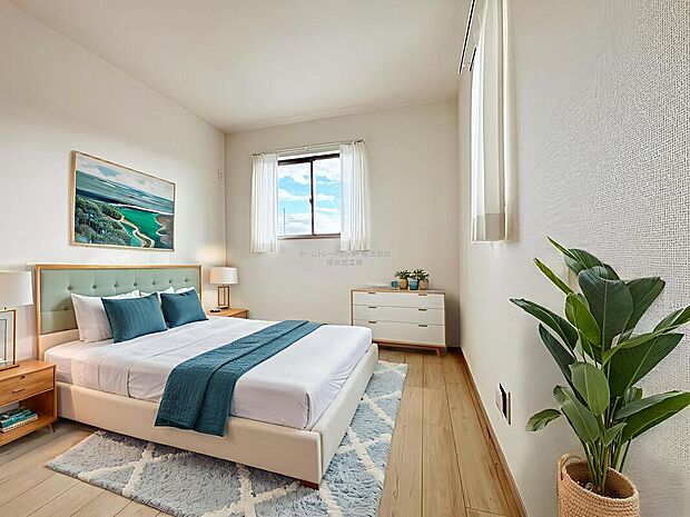 【洋室】日当りの良さは写真でも充分に伝わるかと思いますが、開放感のある周囲にめぐまれたおかげで、風通しもとても良くなっております。※家具をCGで加工しています。家具付き販売ではございません。