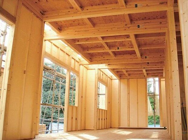 【水に強い成形型断熱材「ポリスチレンフォーム」】屋外からの湿気の影響を受けやすい外壁と１階床に”水に強い成形型断熱材”ポリスチレンフォームを採用。壁パネルに60ｍｍ厚、床に100ｍｍ厚を使用することにより断熱材の隙間を解消し、断熱性能、気密性能を高めます。