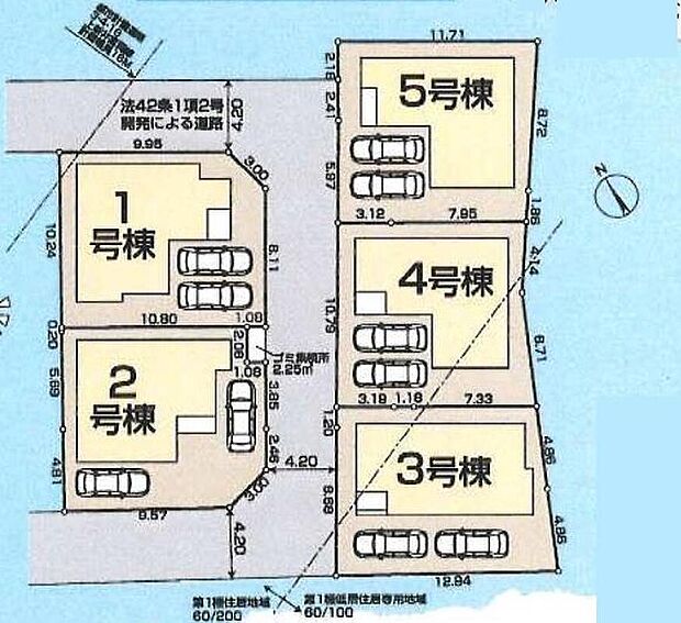【全体区画図】それぞれ異なるプラン展開の全5棟!車種により、カースペース2台駐車可です♪