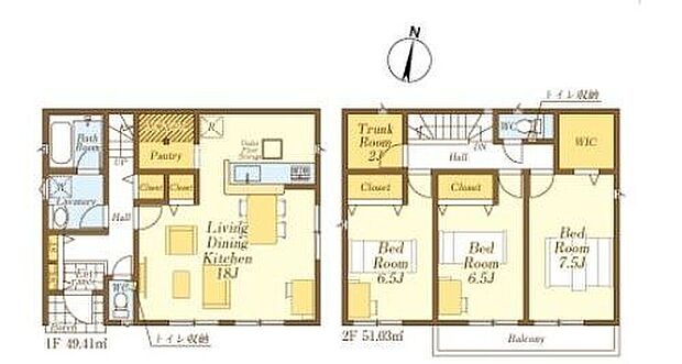 【3LDK+S】☆収納豊富なお住まい☆
２階には、２帖のトランクルームと２帖のウォークインクローゼットを設置！トランクルームはテレワークルームやファミリークロークなどライフスタイルに合わせてお使いいただけます♪