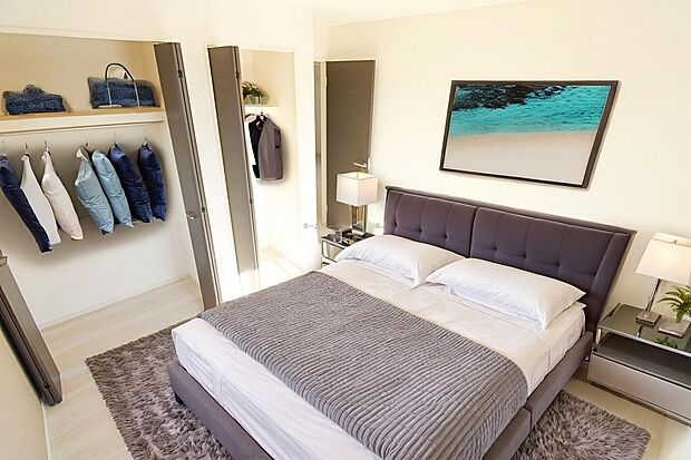 【洋室】日当りの良さは写真でも充分に伝わるかと思いますが、開放感のある周囲にめぐまれたおかげで、風通しもとても良くなっております。※家具をCGで加工しています。家具付き販売ではございません。