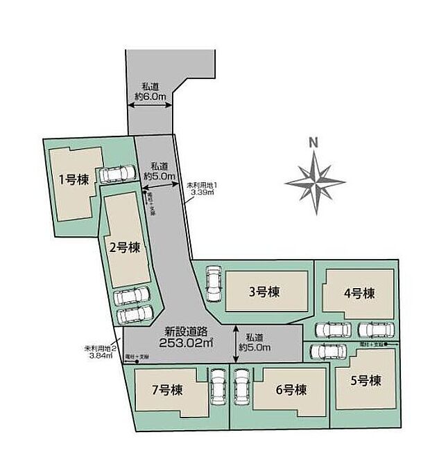 【全体区画図】全７棟の分譲地！同世代が集まりやすく安心感があります♪カースペース号棟により１～２台分！周辺は第一種低層住居専用地域で落ち着いた住宅街です♪