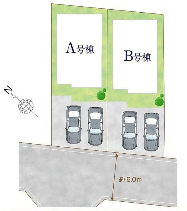 【全体区画図】前面道路はゆとりの約６ｍ！カースペースは車種により並列２台駐車可能です♪