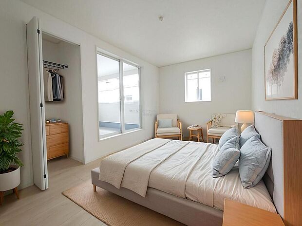 【洋室】日当りの良さは写真でも充分に伝わるかと思いますが、開放感のある周囲にめぐまれたおかげで、風通しもとても良くなっております。※家具をCGで加工しています。家具付き販売ではございません。