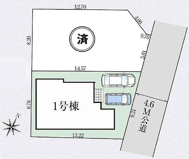 【全体区画図】周辺は第一種低層住居専用地域で落ち着いた住環境です。カースペース車種により並列２台分！自転車置き場としてもお使いいただけますね。