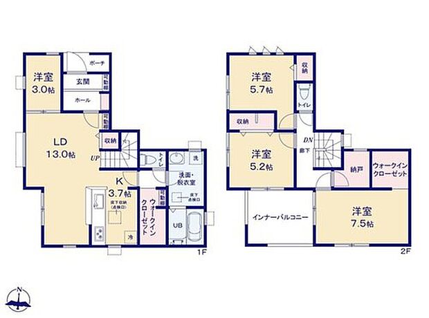 【4LDK+S】☆ウォークインクローゼット×２☆
キッチン横WICはパントリーとして、リビング収納として、ランドリールームとして多用途にお使いいただけます。主寝室にも大容量WIC完備しています♪