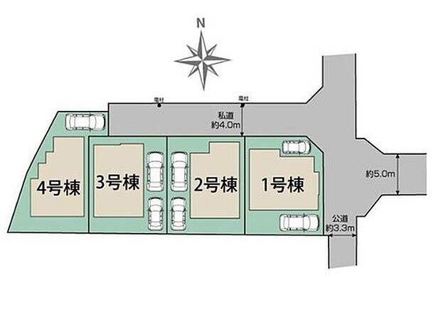 【区画図】全棟敷地３４坪超え！カースペース１～２台完備。周辺は第一種低層住居専用地域で落ち着いた住宅街です。