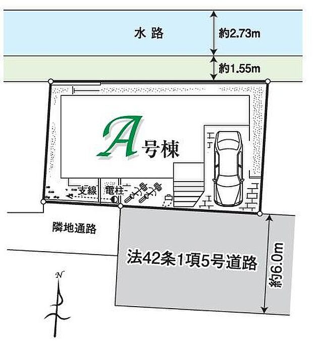 【全体区画図】敷地約３０坪、南側は道路と隣地通路のため採光良好です。前面道路は通り抜けができないため、車通りが少なくお子様のいるご家庭も安心です。