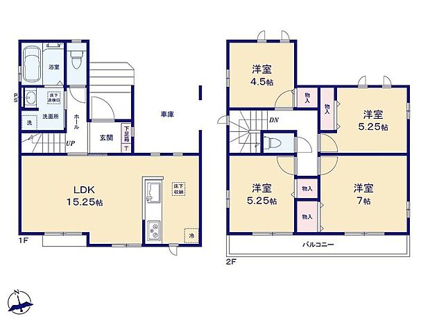 【4LDK】☆全居室二面採光☆２階に４部屋をまとめた間取り。全居室二面採光、収納完備しておりますので、お好みのお部屋でおくつろぎいただけます。２部屋から出入り可能なロングバルコニー付き。