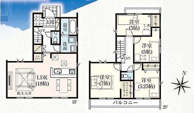 【4LDK】☆収納豊富なお住まい☆
玄関はベビーカーやアウトドア用品を収納できるシューズクローク付き！主寝室となる２階７帖洋室は大容量のウォークインクローゼット付き！タンス不要でお部屋がすっきりします♪