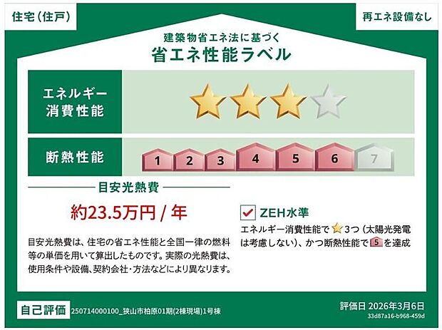 【省エネ性能ラベル】『１号棟』こちらの物件はZEH水準を満たした、省エネ性能に優れた物件です。　光熱費を抑えて暮らすことができるだけでなく、「熱の入りにくさ・逃げにくさ」という観点でも影響を受けにくい建物のため、長く快適にお過ごしいただけます♪　※本ラベルは特定の住戸の性能を示すものであり、全ての住戸の性能を示すものではありません。