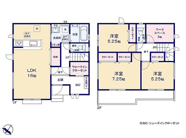 【3LDK+S】☆収納豊富な間取り☆
玄関にはベビーカーなどを収納できる大容量ＳＩＣを設置。玄関横のＷＩＣにはお出かけに必要な上着やカバンをひとまとめに収納できますね！玄関からも廊下からも出入りできる２ＷＡＹ仕様！