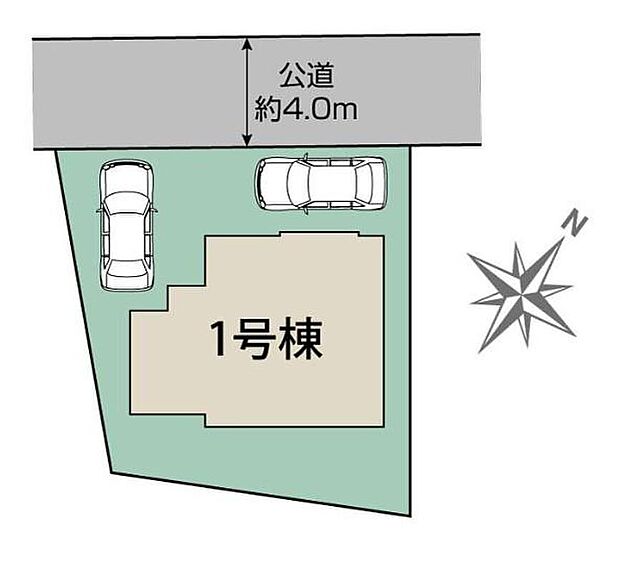 【全体区画図】45坪のゆったり敷地、カースペース車種により2台分。周辺は第一種低層住居専用地域で高い建物がなく開放感があります。