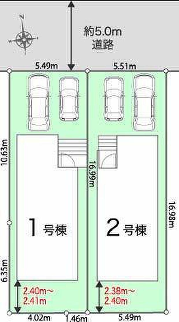 【全体区画図】カースペース車種により並列２台分！前面道路は５ｍと広めなのでお車の出し入れスムーズです♪周辺は第一種低層住居専用地域で落ち着いた住環境です。