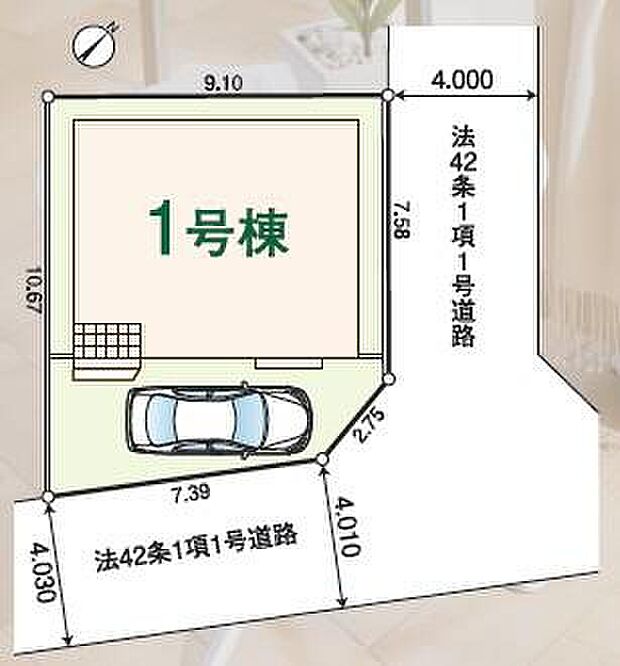【全体区画図】北東×南東道路の角地で開放感があります！お車の出し入れもスムーズ。周辺は住宅が多い地域です。東狭山ヶ丘北公園まで徒歩３分、お子様と気軽にお出かけできます。