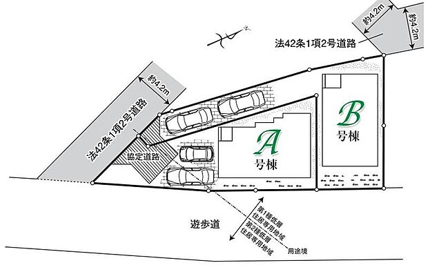 【全体区画図】落ち着いた住環境で心安らぐ低層住居専用地域。周囲に高い建物がなく、空が広く大きく感じられます♪