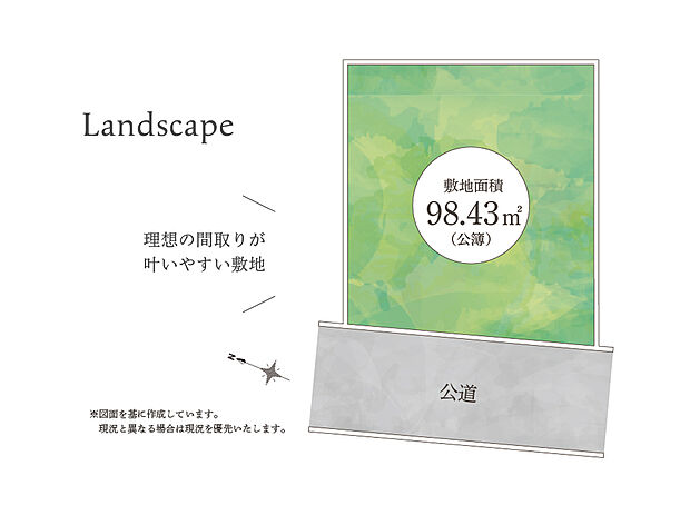 【区画図】
水まわりを1か所にまとめたり、2WAY・ウォークスルー等の間取りも入れやすい整形地。
南側に駐車場が連なり、遮る建物がなく陽当り・通風良好！
南西角地のような陽だまり空間です。