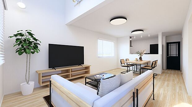 (1号棟)完成予想図
キッチンからリビング、ダイニングが見渡せる配置です。吹き抜けもあり空間が広く感じられる設計。