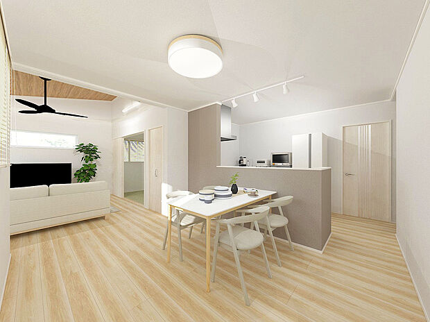 【91号棟 LDK】【91号棟】完成予想図
ゆったりとしたLDKに隣接する畳敷きの部屋は、客間やお昼寝、お子様の遊び場にしたりと多彩に使える憩いの場所。
開放感のある勾配天井と合わせて、家族の時間をのびやかに彩ります。