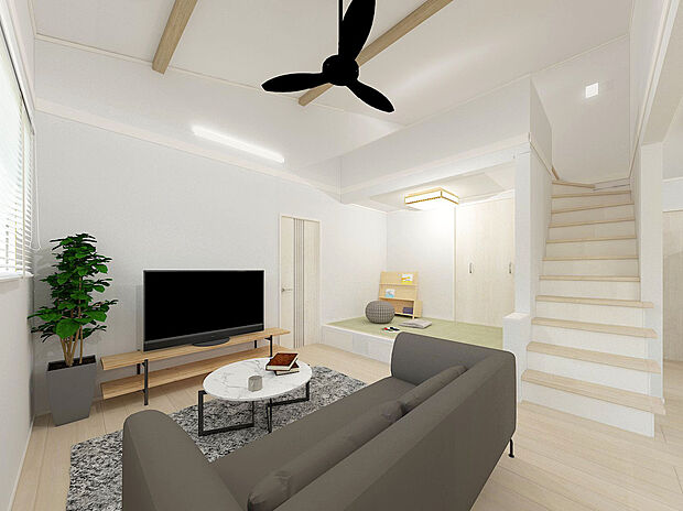 【92号棟 LDK】【92号棟】完成予想図
梁が見える勾配天井が印象的なLDK。
小上がり畳スペースはお昼寝や読書に、ロフトは趣味や収納にと、暮らしに合わせて自由に使えます
家族の時間も遊びも、のびのびと楽しめる空間です