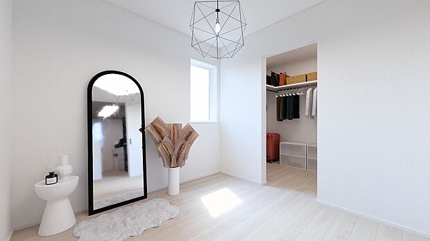 【(6号棟)完成予想図】様々な用途で使用できるリビングとつながる洋室は、WICとも隣接するので身支度スペースとしても使うことができます。